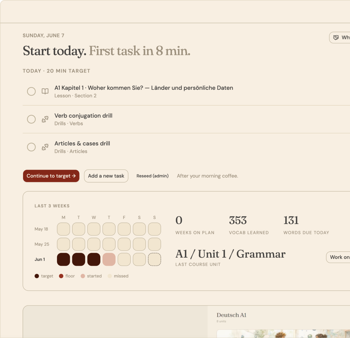 One Who Learns desktop app showing the daily study dashboard