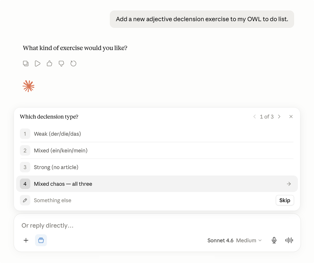 Chatting with an AI assistant connected through MCP to add an exercise