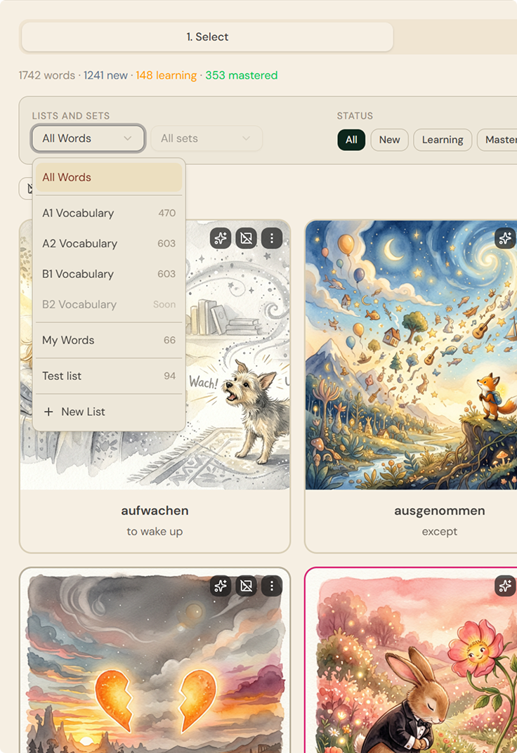Curated vocabulary lists by level